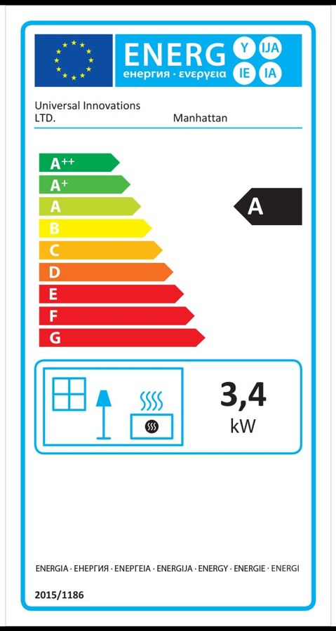Étiquette énergie du poêle Manhattan : classe A, puissance 3,4 kW