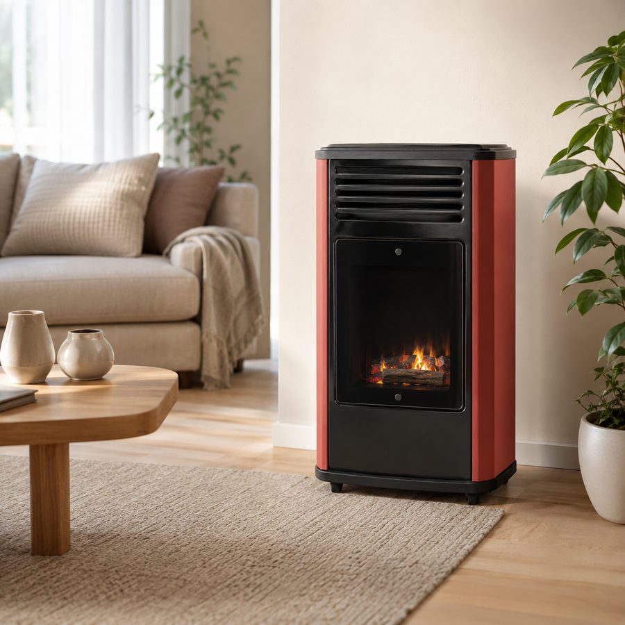 Poêle à gaz Manhattan terracotta dans un salon lumineux