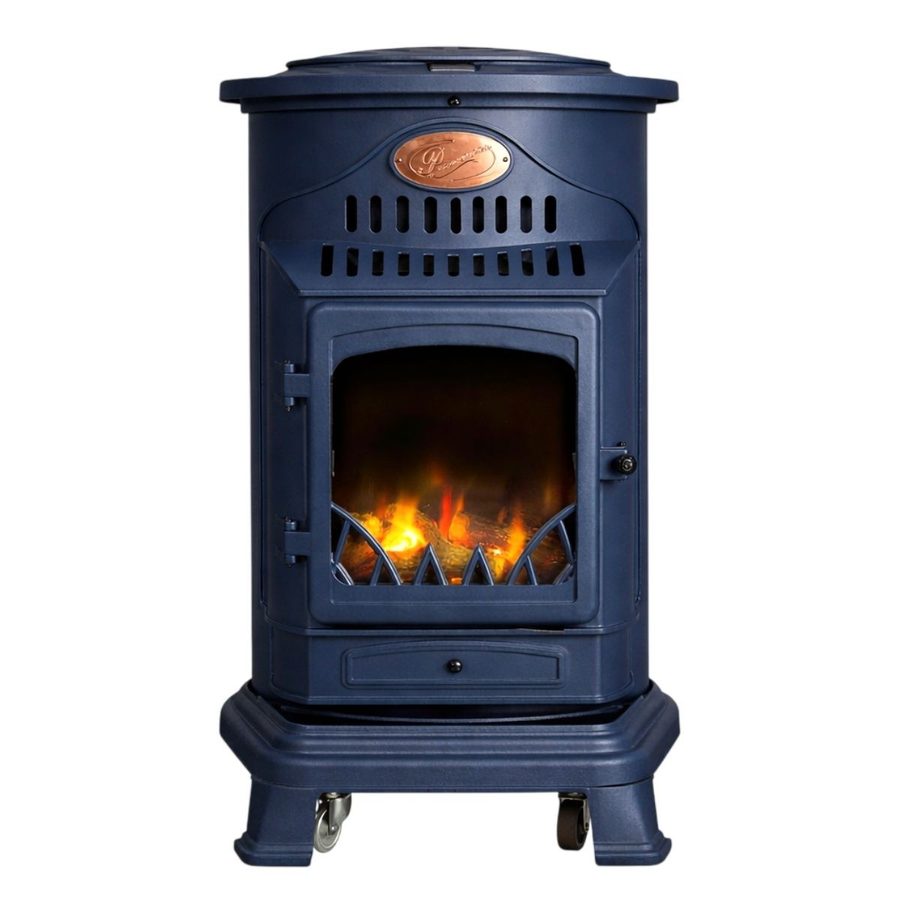 Poêle à gaz Provence bleu marine vu de face, flamme allumée