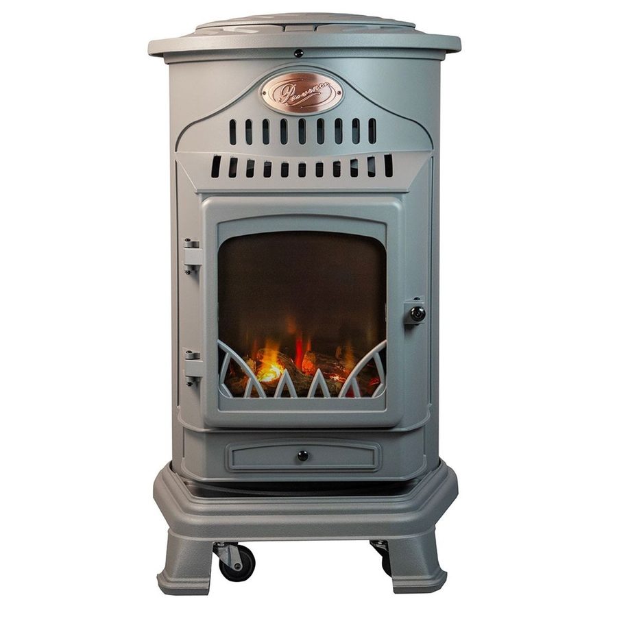 Poêle à gaz Provence gris vu de face, flamme allumée