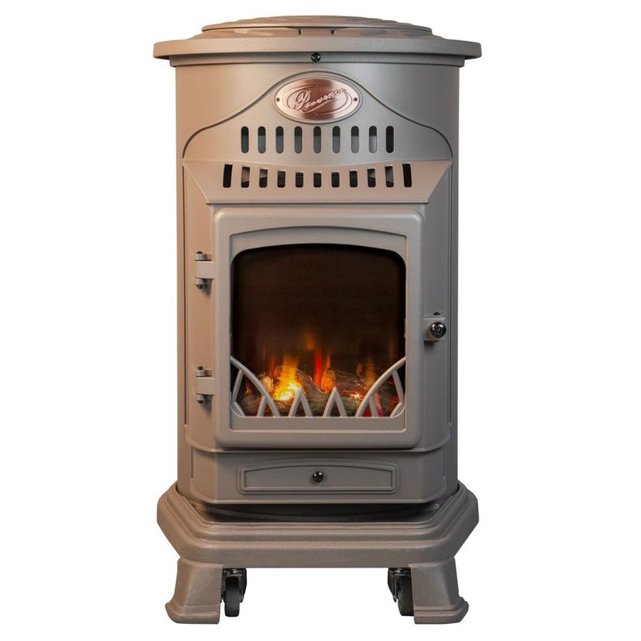 Poêle à gaz Provence marron miel vu de face, flamme allumée