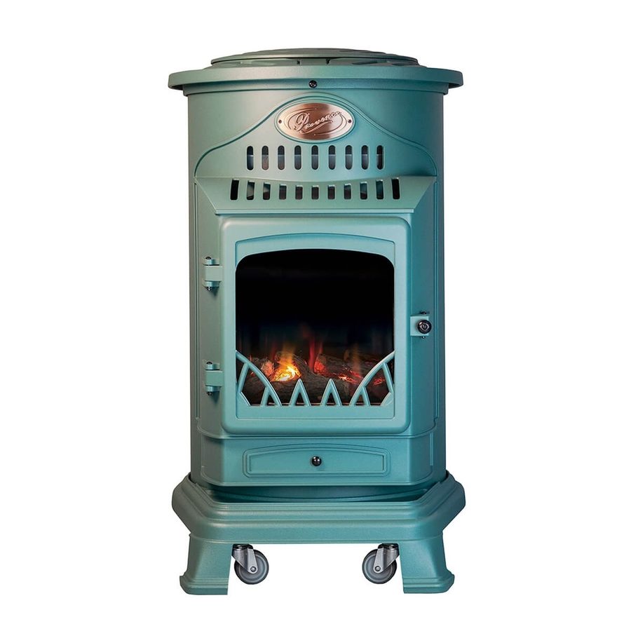 Poêle à gaz Provence vert vu de face, flamme allumée
